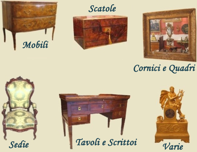 Foto galleria completa di mobili tavoli scrittoi oggettistica e scatole antiche